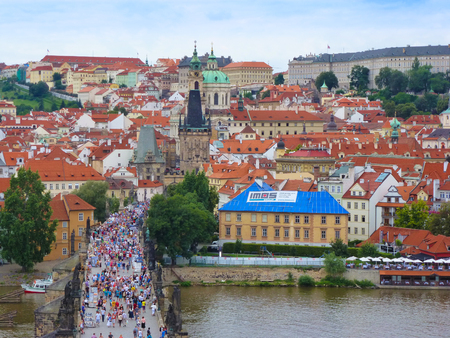Prague, Czech republic - 4.09.2017: Charles Bridge and Prague Castle, view from the Bridge towerのeditorial素材