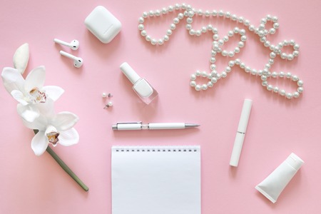 Still life of fashion woman, objects on pinkの写真素材