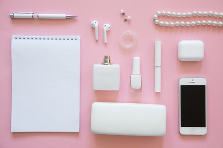 Still life of fashion woman, objects on pinkの写真素材