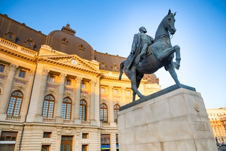 Bucharest, Rumania - 28.04.2018: Equestrian statue of Carol I in front of the Royal Palace in Bucharestのeditorial素材