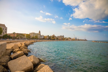 Bari, Italy - 5.05.2018: Embankment of small south town Bari at sunset time, Italyのeditorial素材