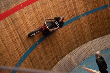 Rimini, Italy - 7.05.2018: Motorcycle show of Russian devils in big wooden barrel with complicated circus tricks in Riminiのeditorial素材