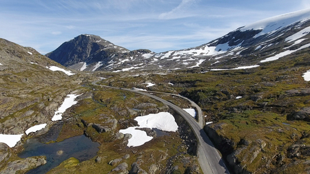 Aerial view of mountain and road to Dalsnibba, spring landscape, Norwayの写真素材