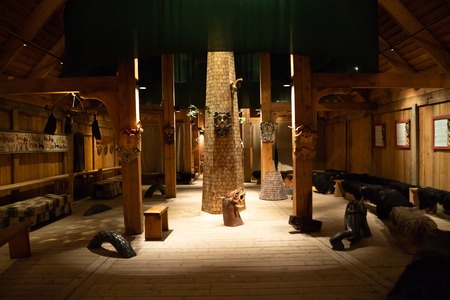 Borg, Norway - 21.06.2018: Inside the Viking Long house in the Lofotr Viking Museum at the town of Borg in the Lofoten Islands, Norwayのeditorial素材