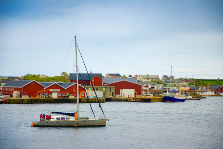 Reine, Norway - 21.06.2018: Yacht in Reine fishing village on Lofoten islands, Norwayのeditorial素材