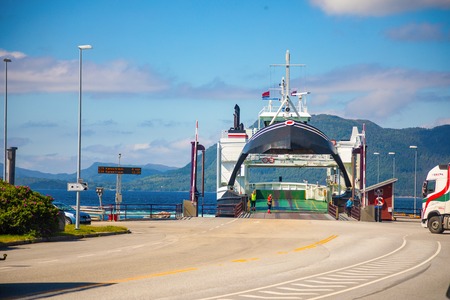 Kanestraum, Norway - 25.06.2018: Ferry boat next to pier in Kanestraun, Norwayのeditorial素材
