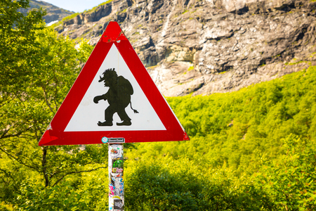 Sirgn Beware of trolls on trollstigen road in Norwayの写真素材