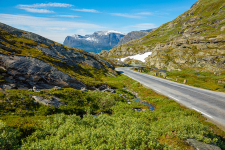Aerial view of mountain and road to Dalsnibba, spring landscape in Norwayの写真素材