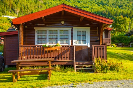 Stryn, Norway - 25.06.2018: Red camping cabins for travelers in Strynsvatn Camping in Norwayのeditorial素材