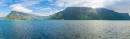 Panorama of nature view with fjord Romsdalsfjorden and mountains in Norwayの写真素材