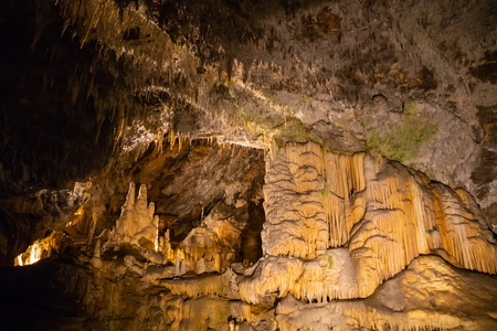 View of stalactites and stalagmites in an underground cavern - Postojna cave in Sloveniaの写真素材