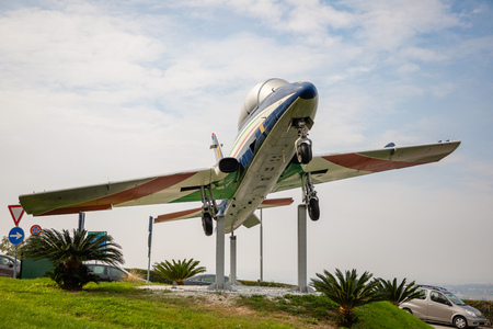 Airplane on Square next to Basilica della Santa Casa in Loreto in Italyの写真素材