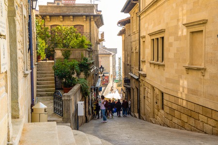 San-Marino, San-Marino - 13.10.2018: Typical beautiful old little streets of San-Marino with tourists, San-Marinoのeditorial素材