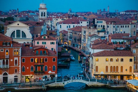 Venice, Italy - 14.10.2018: Night view of colorfull houses and smal canal in Venice in Italyのeditorial素材