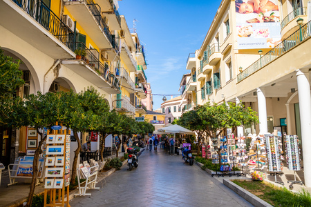 Corfu, Greece - 16.10.2018: View of typical narrow street of an old town of Corfu in Greeceのeditorial素材