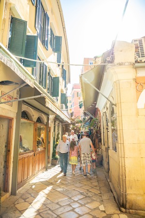 Corfu, Greece - 16.10.2018: View of typical narrow street of an old town of Corfu in Greeceのeditorial素材