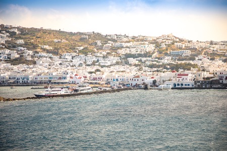Mykonos, Greece - 17.10.2018: Mykonos island aerial panoramic view, part of the Cyclades in Greeceのeditorial素材