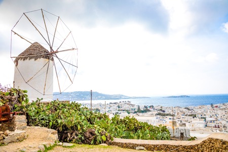 The famous windmill above the town of Mykonos in Greeceの写真素材