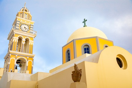 Traditional Dome Church in Thira or Fira in Santorini Island, Greeceの写真素材