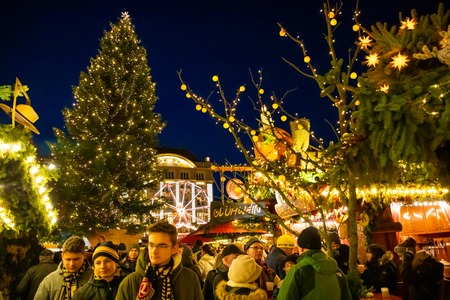Dresden, Germany - 9.12.2018: People visit Christmas Market Striezelmarkt in Dresden, Germany. Christmas fair, European traditionsのeditorial素材