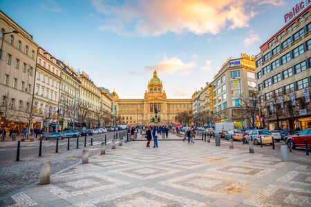 Prague, Czech Republic - 18.01.2019: People on Wenceslas Square at sunset lights in Prague in Czech Republic.のeditorial素材