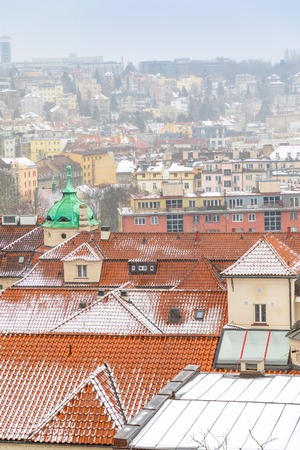 View of Prague city from Vysehrad hill at winter in Czech republicの写真素材