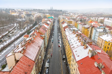 View of Prague streets and Vysehrad hill in Praha 2 district from Nusle bridge in winter in Czech republicの写真素材