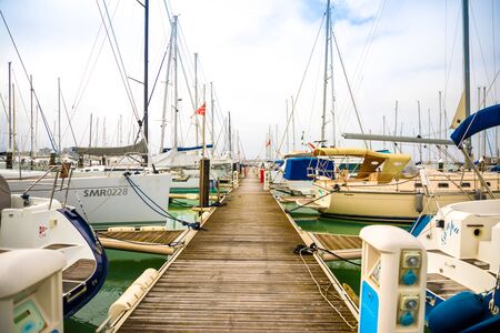 Rimini, Italy - 2.02.2018: Privat Yachts and boats in Rimini port in Italy