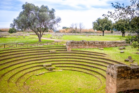 Old ruins of ancient Greek city in Paestum in Italyの写真素材