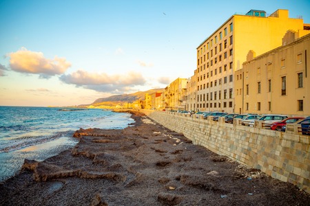 View of seaside of the sicilian city Trapani during sunset in Italyの素材 [FY310119249822]