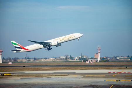 Bologna, Italy - 10.02.2019: Airplane taking off from the airport in Bologna Italyのeditorial素材