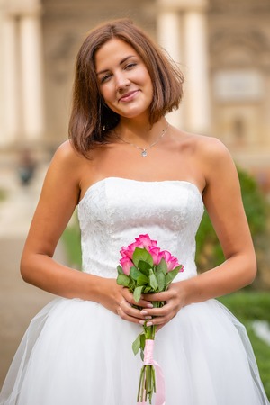 Charming bride in Wallenstein garden in Prague in Czech Republicの写真素材