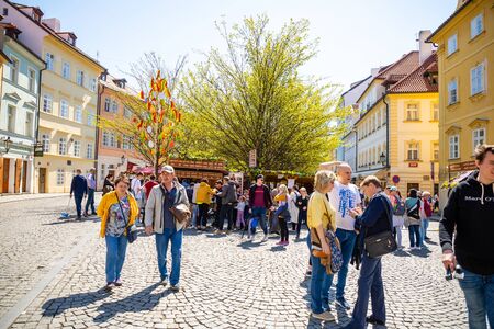 Prague, Czech Republic - 15.04.2019: View from Charles Bridge to people are celebrate easter at the...