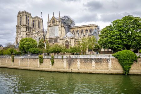 Paris, France - 24.04.2019: Notre Dame de Paris after fire. Reinforcement work in progress after the fire, to prevent the Cathedral to collapse in Paris, Franceのeditorial素材