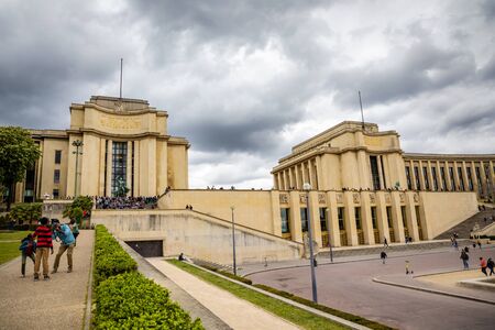 Paris, France - 24.04.2019: Beautiful building of Tracadero gardens at hill of Chaillot in Paris in...