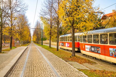 Prague, Czech Republic - 6.11.2019: Trams and autumn trees in Prague in Czech Republicのeditorial素材