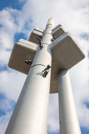 Prague. Czech Republic - 12.03.2020: Bottom view of Zizkov television tower with unique baby sculpture in Prague, Czech Republicのeditorial素材