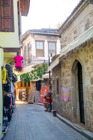 Antalya, Turkey - 7.09.2020: Hotels and shops in the Historic part of Antalya - Kaleici, Turkey. Old town of Antalya is a popular destination among tourists in Mediterranean region of Turkeyのeditorial素材