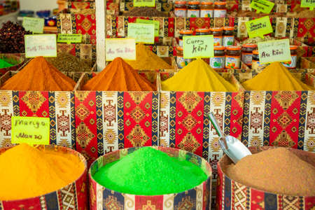 Turkish spices for sale in Bazaar in Antalya, Turkeyの写真素材
