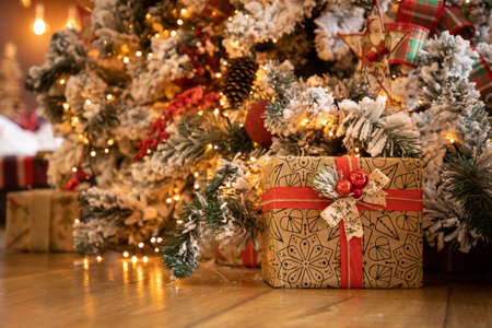 Christmas gift box with decoration under christmas treeの写真素材