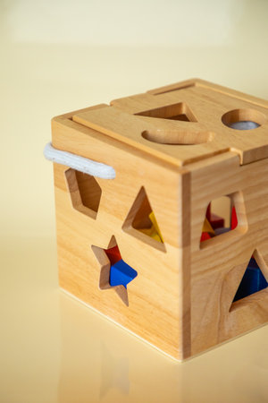 Cute wooden handmade toys for kids on yellow background. Ecological toys conceptの写真素材