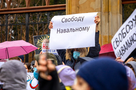 Prague, Czech republic - 23.01.2021: Demonstration rally in support of Novalny after his arrest after returning from Germany to Russia. Meeting with slogans in support of Alexey Navalny in Prague, CRのeditorial素材