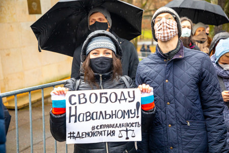 Prague, Czech republic - 23.01.2021: Demonstration rally in support of Novalny after his arrest after returning from Germany to Russia. Meeting with slogans in support of Alexey Navalny in Prague, CRのeditorial素材