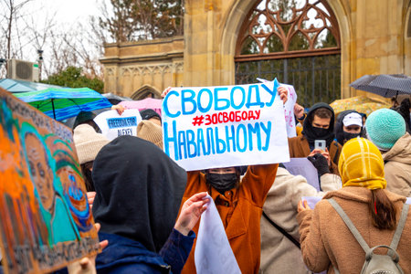 Prague, Czech republic - 23.01.2021: Demonstration rally in support of Novalny after his arrest after returning from Germany to Russia. Meeting with slogans and posters in support of Alexey Navalnyのeditorial素材