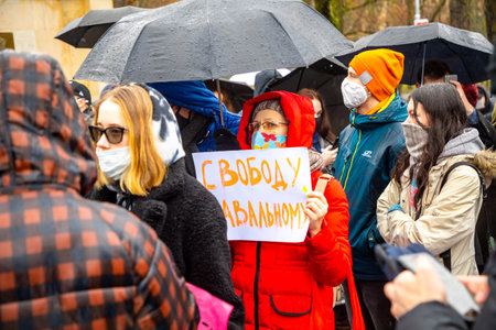 Prague, Czech republic - 23.01.2021: Demonstration rally in support of Novalny after his arrest after returning from Germany to Russia. Meeting with slogans in support of Alexey Navalny in Prague, CRのeditorial素材