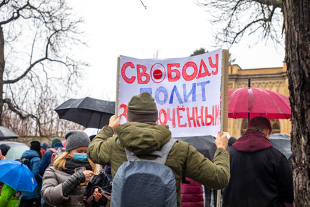 Prague, Czech republic - 23.01.2021: Demonstration rally in support of Novalny after his arrest after returning from Germany to Russia. Meeting with slogans in support of Alexey Navalny in Prague, CRのeditorial素材