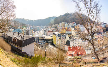 Karlovy Vary, Czech Republic - February 23, 2021: Aerial view of Karlovy Vary or Carlsbad, panoramic famous spa town view without tourists in pandemic time in Czech Republicのeditorial素材