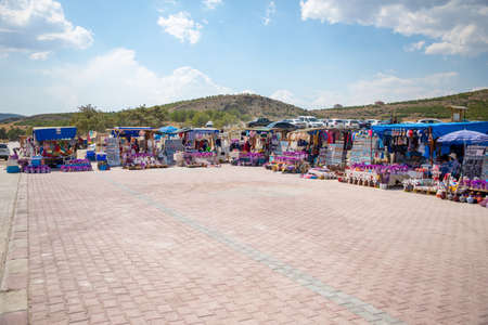 Salda Lake, Burdur, Turkey - 12.09.2020: Souvenir tents and tourists near Salda Lake, Burdur, Turkeyのeditorial素材