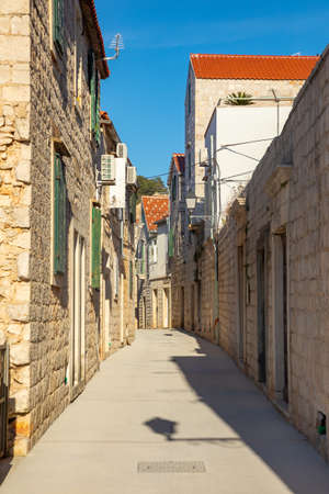 Mediterranean street of town Vis without tourists. Yachtind destination, island Vis, Croatiaの写真素材