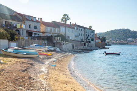 Vis, Croatia - 31.03.2021: View from water of mediterranean town Vis without tourists. Yachtind...